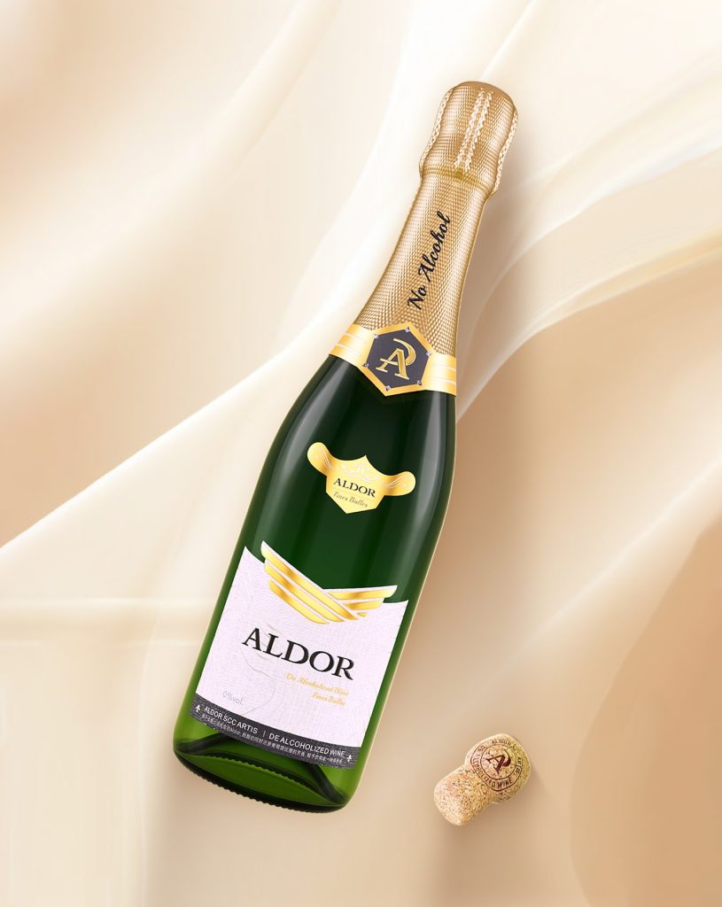 Real-Life Case Study Images of Aldor's Alcohol-Free Wine Bottle Packaging Design