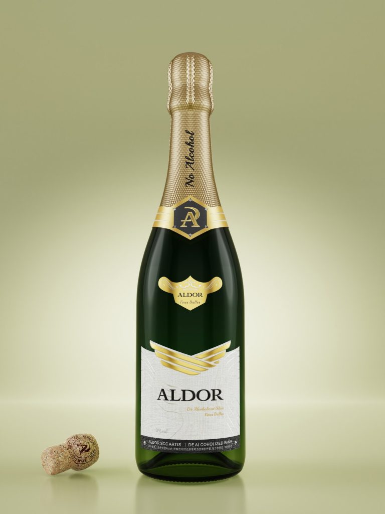 Real-Life Case Study Images of Aldor's Alcohol-Free Wine Bottle Packaging Design