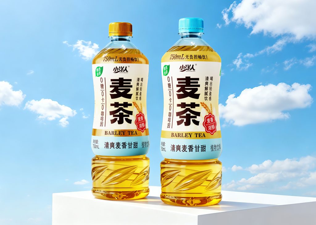小洋人麦茶饮料瓶型与包装设计展示图