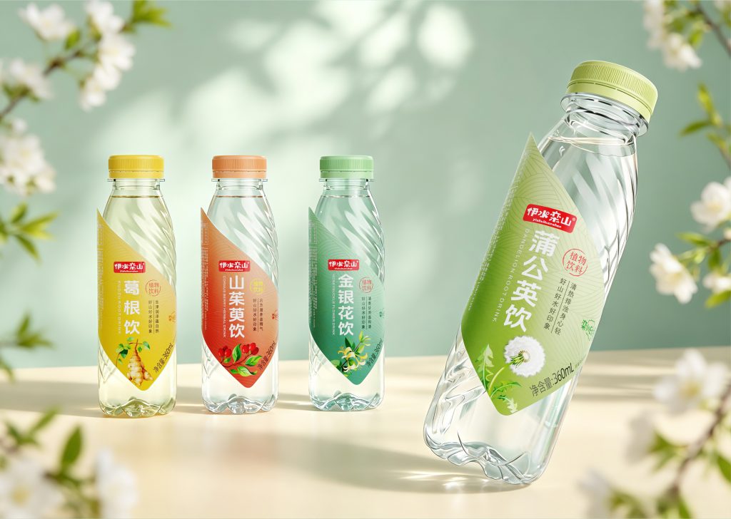 伊水栾山植物饮料系列瓶型与包装设计展示图