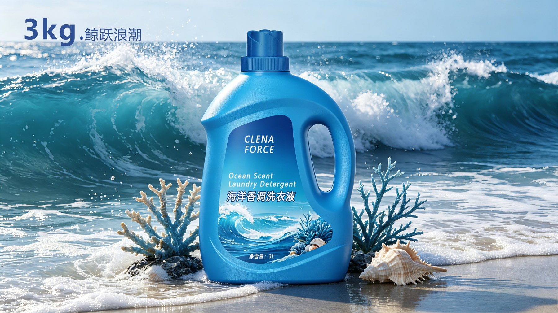 海洋主题3kg洗衣液瓶海蓝配色正面场景效果图