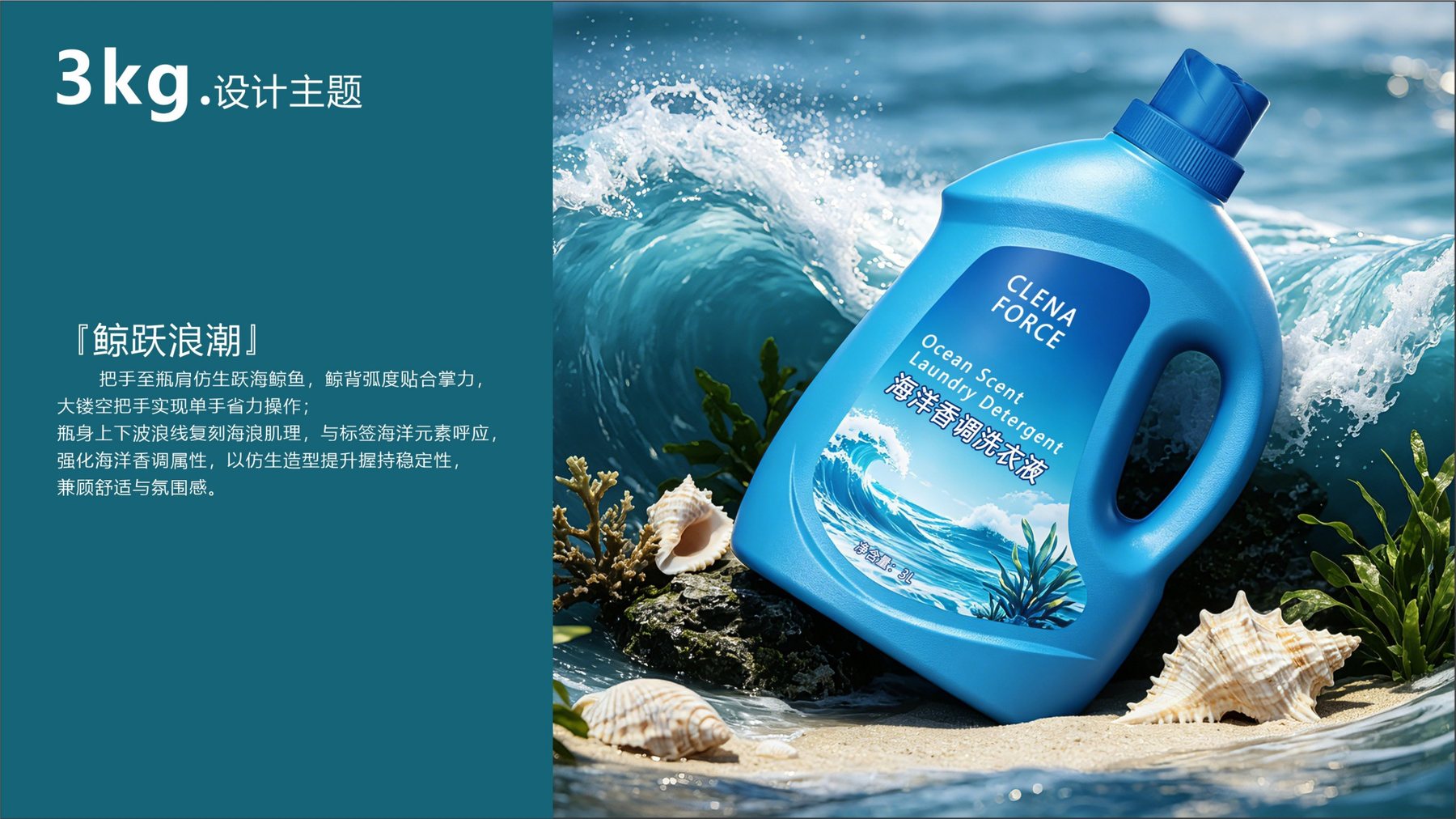 3kg洗衣液瓶鲸跃浪潮设计主题与海洋场景效果图
