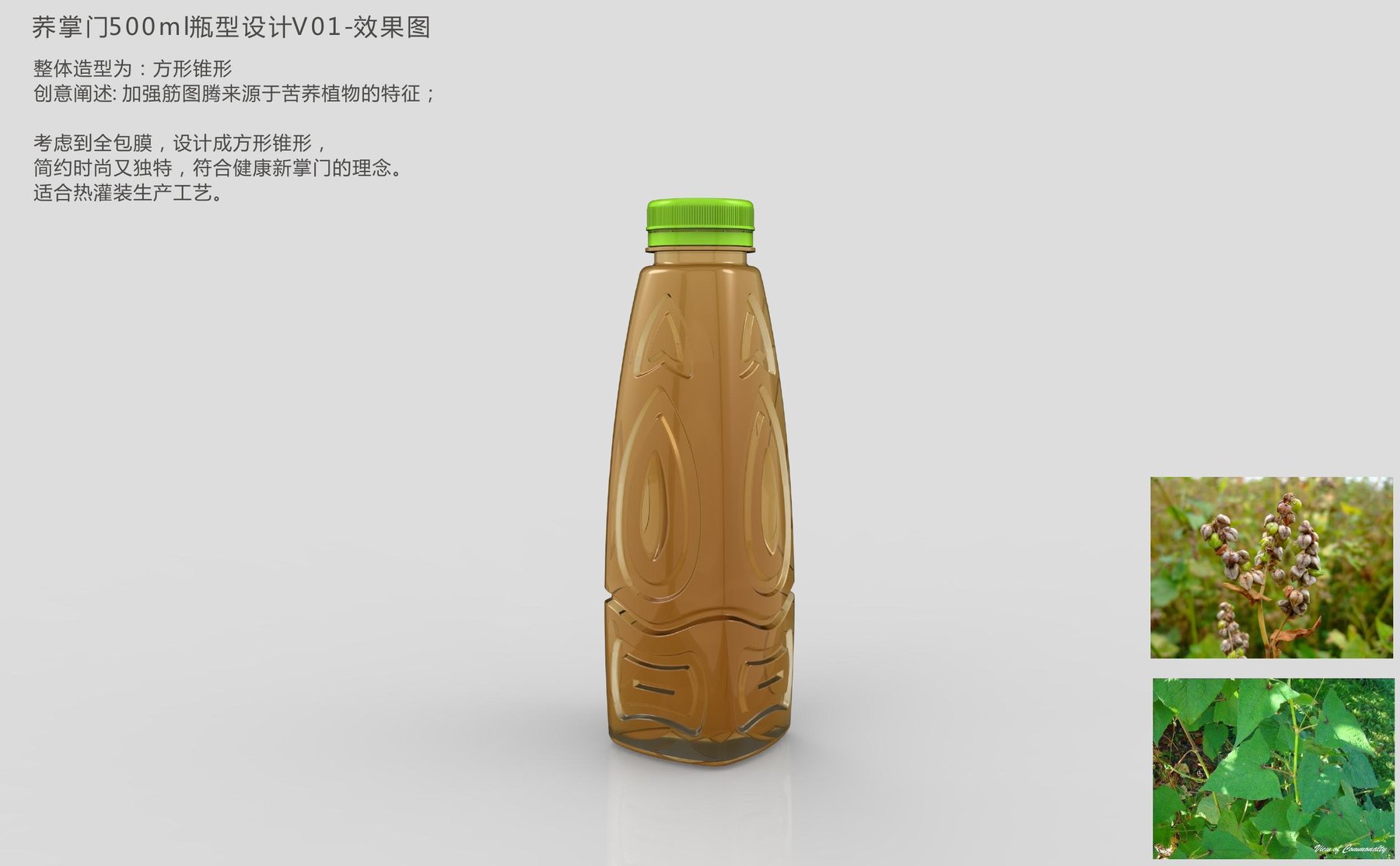 荞掌门500mL苦荞茶方形锥形PET热灌装瓶方向一