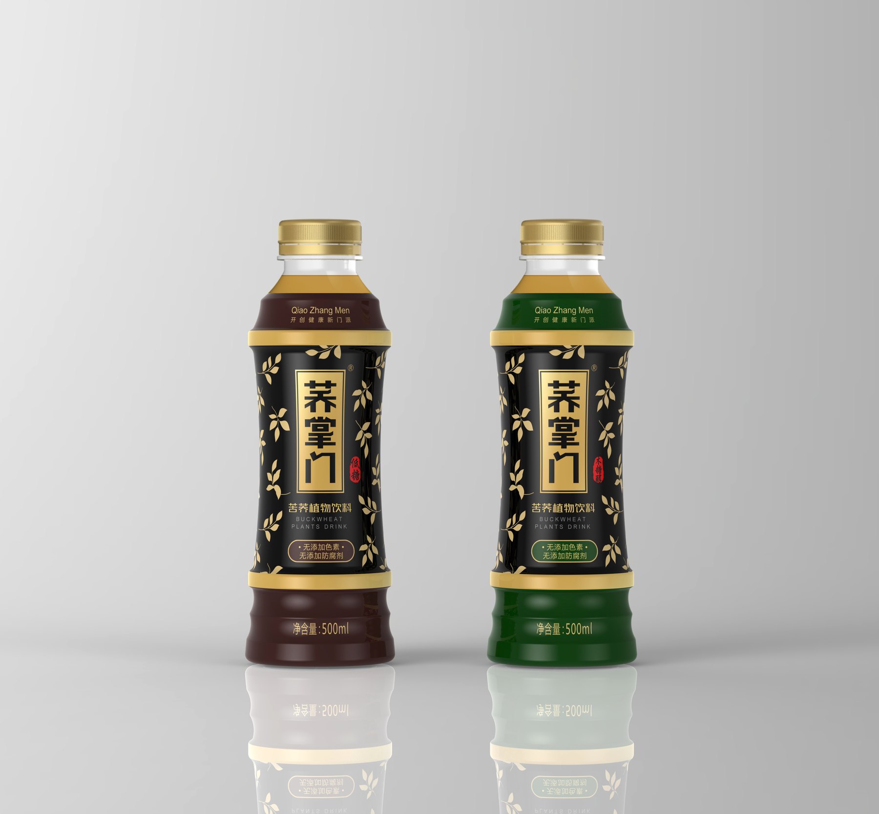 荞掌门500mL苦荞植物饮料黑金瓶标棕色版本效果图
