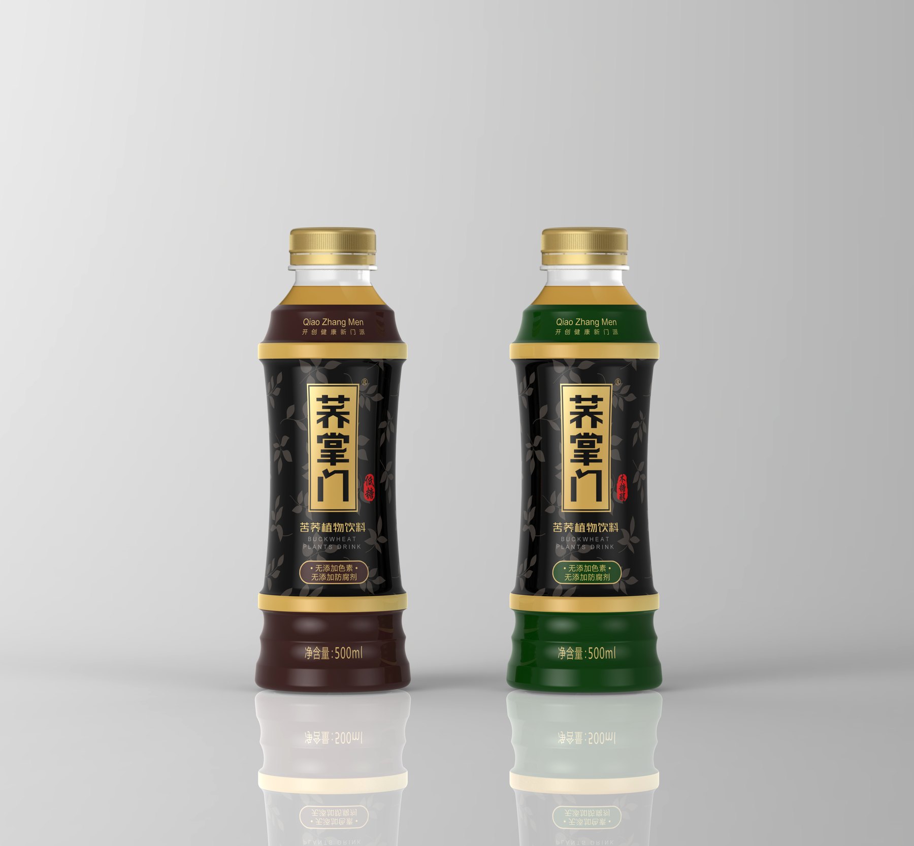 荞掌门500mL苦荞植物饮料黑金瓶标绿色版本效果图