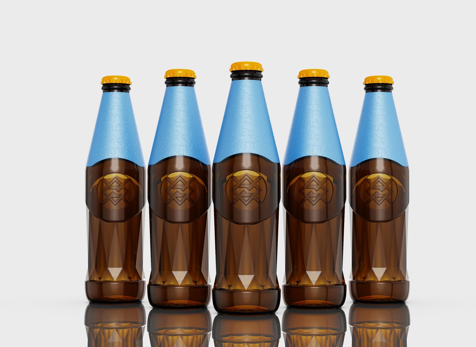 蓝图精酿258mL啤酒瓶方案二，较直的棕色瓶身下半部采用几何晶面造型