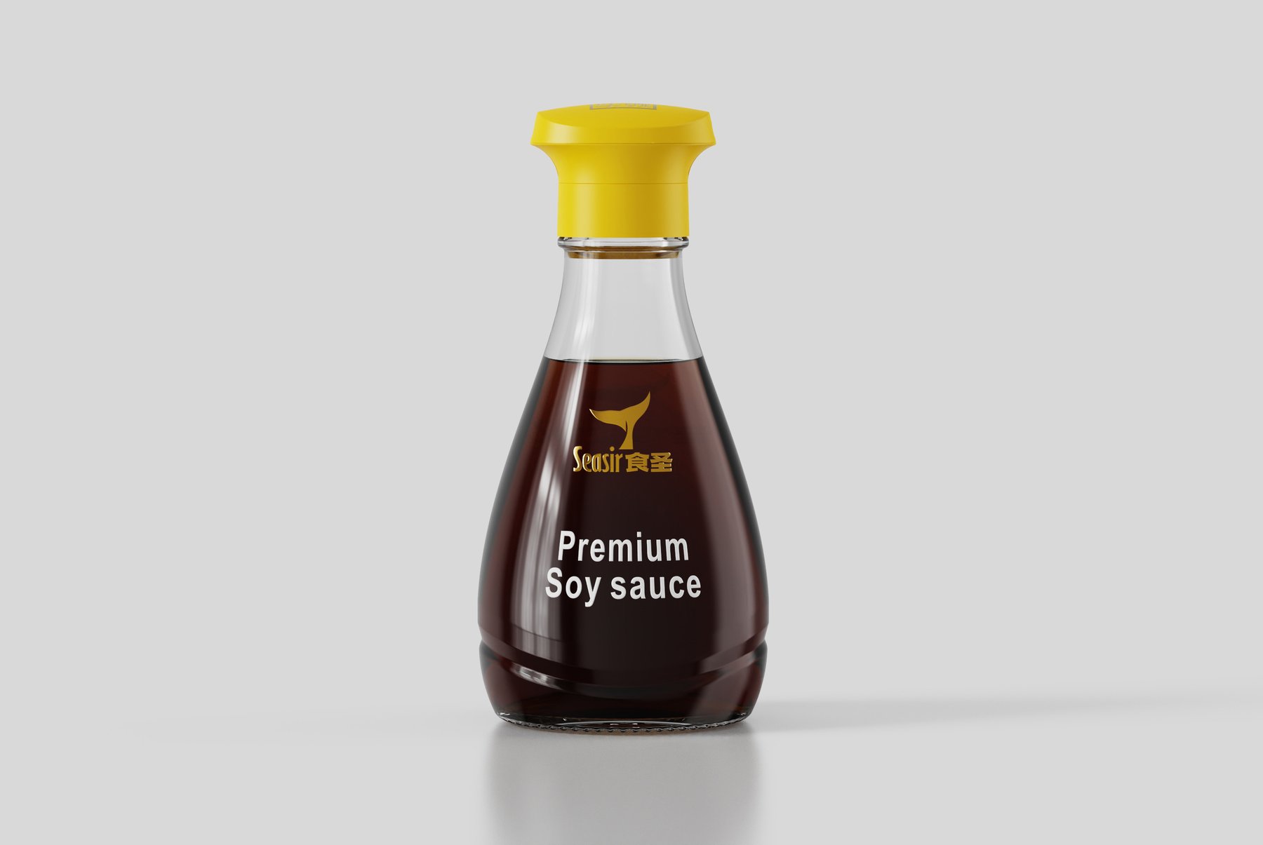 食圣酿造150mL桌面酱油玻璃瓶提案正视图，黄色瓶盖与深色瓶身